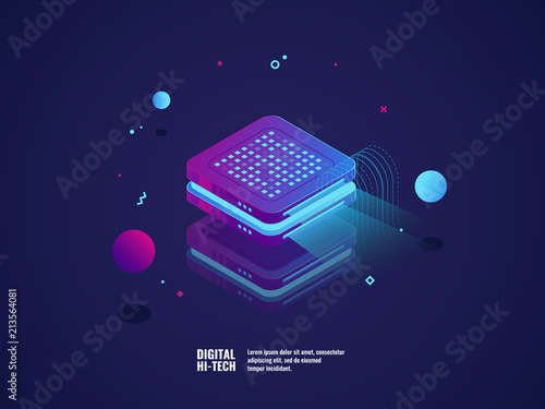Digital advertising concept, hologram projection, presentation concept, online promotion neon light, isometric vector illustration, dark