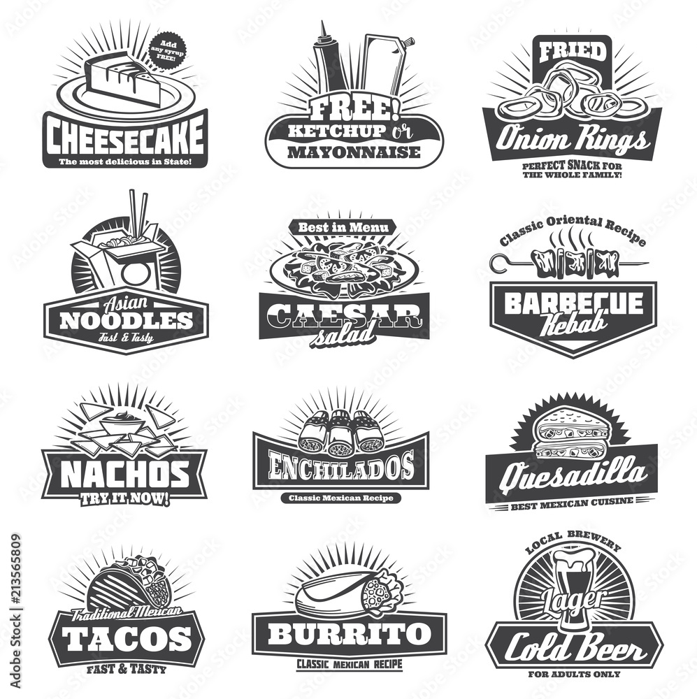 Retro takeaway fastfood vector monochrome icons Retro takeaway fastfood vector monochrome icons