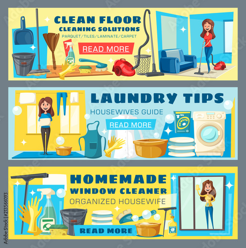 Housewife cleaning floor and laundry guide banners