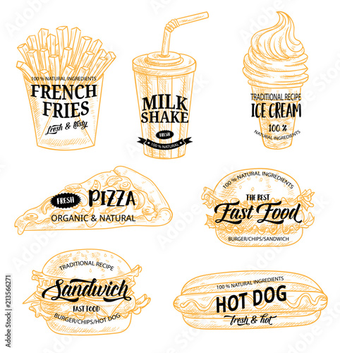 Fast food sketch icons and promo signs vector