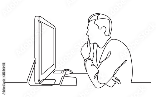 continuous line drawing of office worker concentrated behind computer