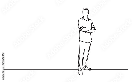 continuous line drawing of standing man with crossed arms