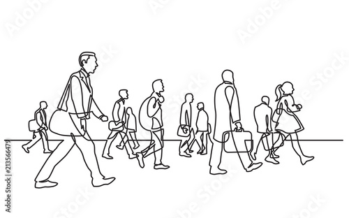 continuous line drawing of urban commuters walking on city street