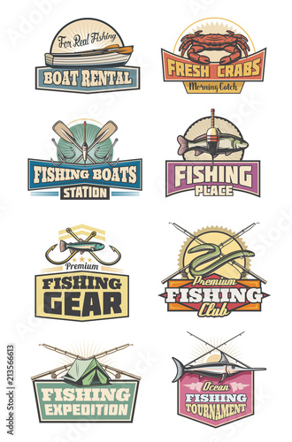 Fishery gear fishing club retro icons rod and fish