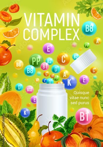 Vitamin complex fruits minerals pharmacy poster