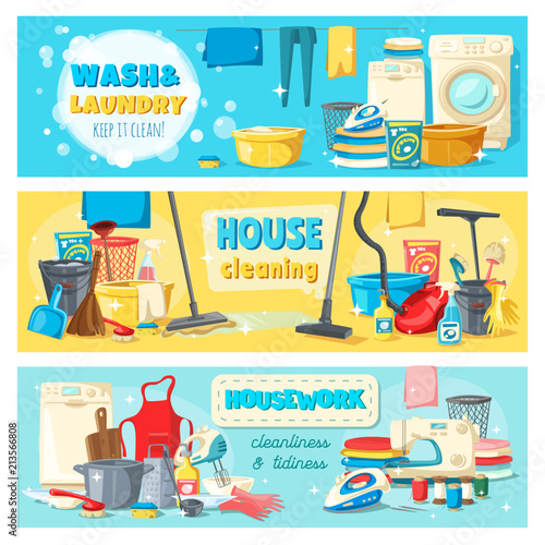 Laundry cleaning tools, housework services banners