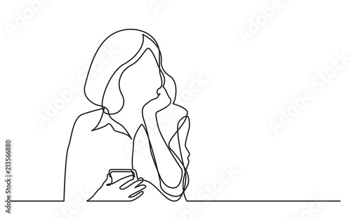 continuous line drawing of thinking woman holding cell phone