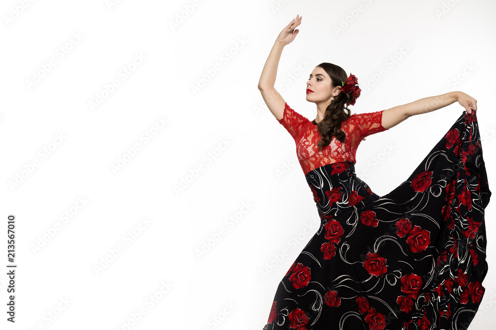 spanish girl flamenco dancer on a light background. free space for your text - obrazy, fototapety, plakaty 