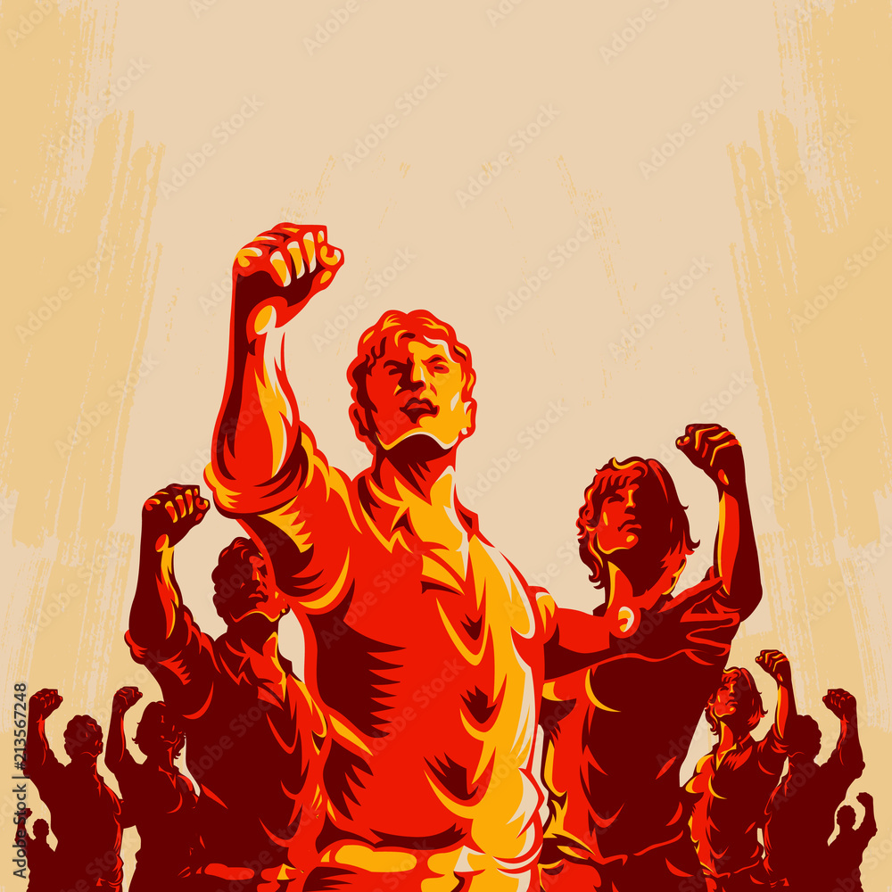 Crowd protest fist revolution poster design. Man leader in front of a  crowd. Propaganda Background Style. Stock Vector