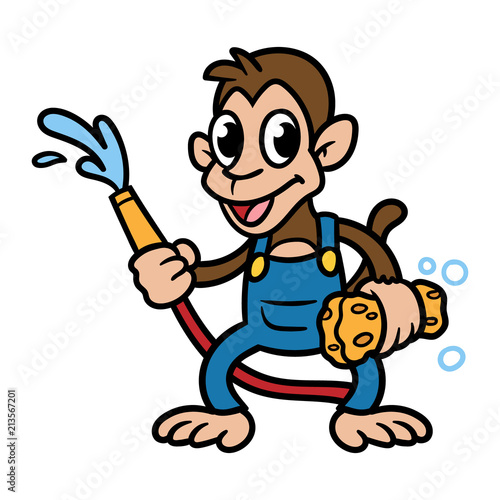 Cartoon Monkey With Hose and Sponge