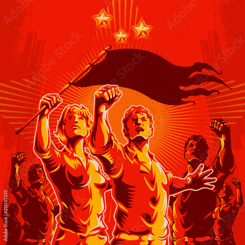 Crowd protest fist revolution poster design. Men and women leader in front of a crowd. Propaganda Background Style.
