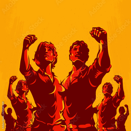 Crowd protest fist revolution poster design. Propaganda Background Style.
