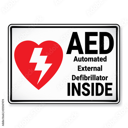 Vector and illustration graphic style, AED Automated External Defibrillator Inside Symbol,label icon on white background, Attracting attention Security First sign, Idea for presentation EPS 10.