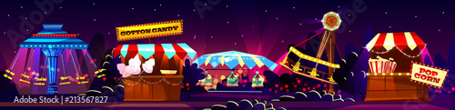 Vector carnival concept - cotton candy, popcorn shop, carousels at night with stars. Circus entertainment, travelling festival with illumination. Marquee with tents, amusement