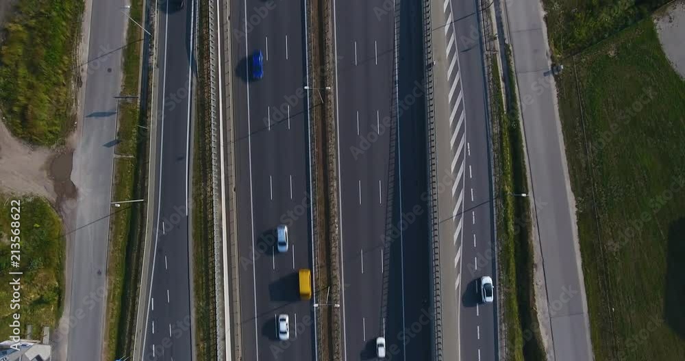 Overhead Shot Of Highway At Sunset. Traffic Rush Overhead Shot Of Highway At Sunset. Traffic Rush