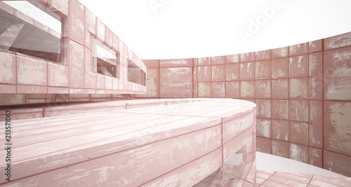 Empty smooth abstract room interior of sheets rusted metal with gray concrete. Architectural background. 3D illustration and rendering