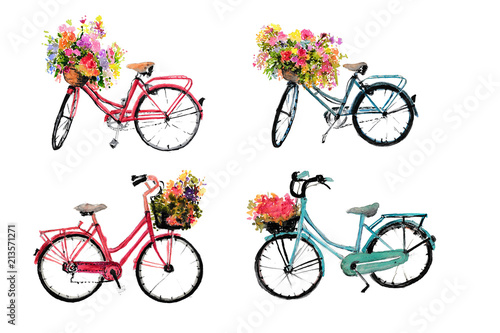 Fototapeta Zestaw akwarela rower z kwiatem na białym tle, sztuka rowerów, ręcznie rysowane