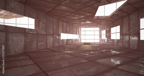 Empty smooth abstract room interior of sheets rusted metal with gray concrete. Architectural background. 3D illustration and rendering