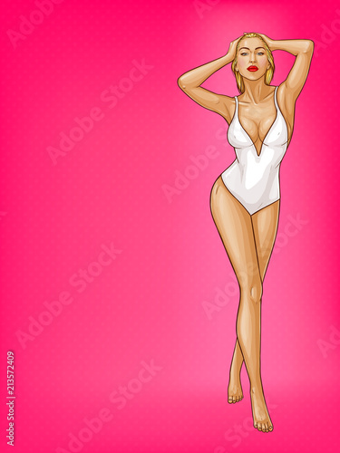 Vector pop art blonde woman with wet hair, blue eyes in white one-piece swimming suit isolated on pink background. Sexy character in underwear for ad poster, promo banner, design illustration.