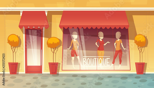 Vector cartoon shop-window of boutique, clothing market. Commercial mall with trees in vases, decoration. Mannequins with female, male and unisex dress behind the glass.