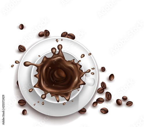 Vector 3d realistic cup of coffee with splashing drops. Saucer with beans isolated on white background. Top view of arabica drink or americano. Mock up, template for ad poster, banner