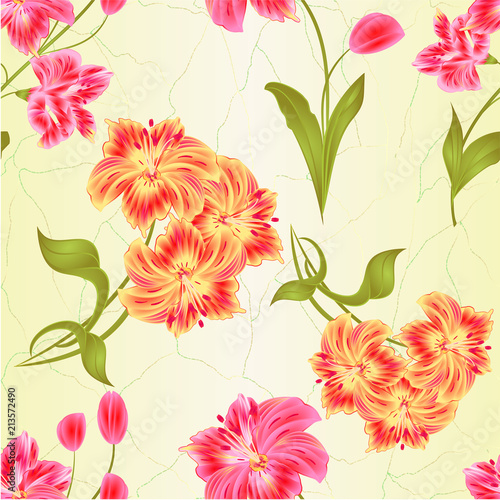 Wallpaper Mural Seamless texture bunch orange and pink  Lily Alstroemeria stem flower and leaves  closeup isolated vintage vector illustration for design editable  hand draw Torontodigital.ca