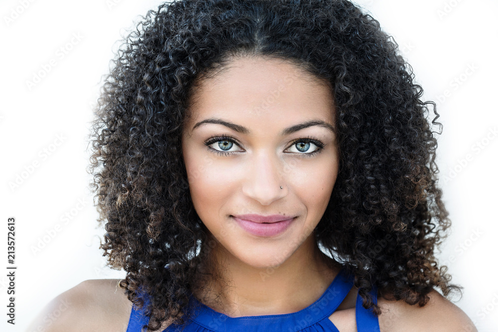 Beautiful Young Blue Eyed African American Woman with Curly Hair Stock  Photo | Adobe Stock