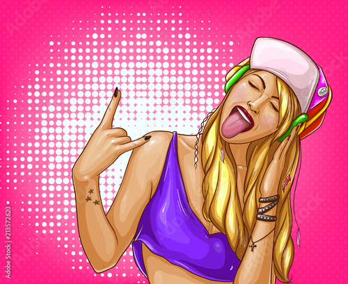 Vector pop art hipster girl listens music in headphones with closed eyes and open mouth. Young blonde woman in baseball cap and purple tank-top having fun, shows tongue and makes cool gesture