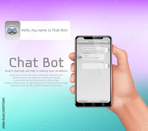 Artificial intelligence, online chatbot vector concept background. Human hand holding smartphone, user chatting in messenger and asking smart robot for help. Support service with automatic chat bot