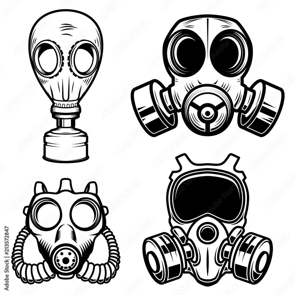 Set of gas masks isolated on white background. Design element for logo, label, sign, poster, menu. Set of gas masks isolated on white background. Design element for logo, label, sign, poster, menu.