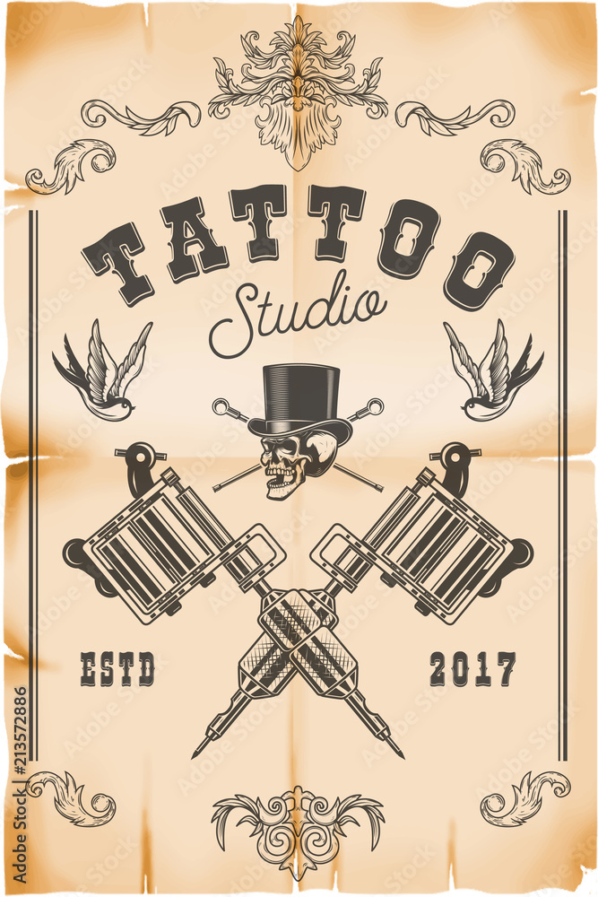 Tattoo studio poster template Skull with crossed tattoo machines on grunge  background Design element for logo label emblem sign poster Vector i  Stock Vector Image  Art  Alamy