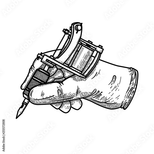 Hand with tattoo machine. Design element for poster, card, t shirt, emblem, sign.