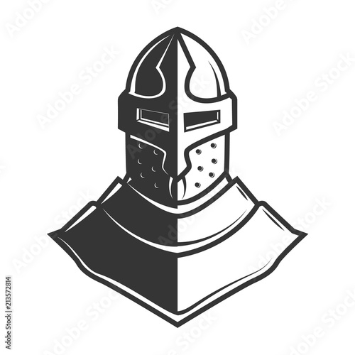 Retro style knight helmet isolated on white background. Design element for logo, label, sign, poster, menu.