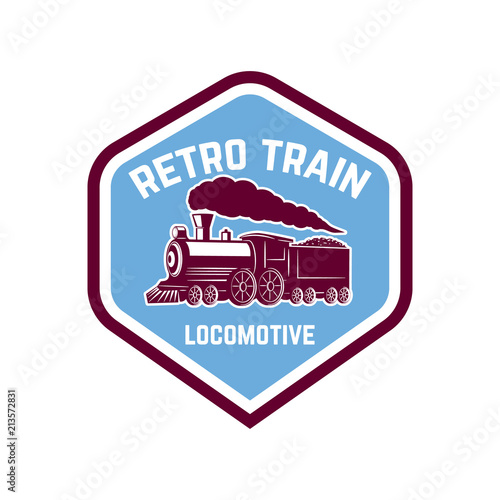 Emblem template with vintage train. Design element for logo, sign, label.