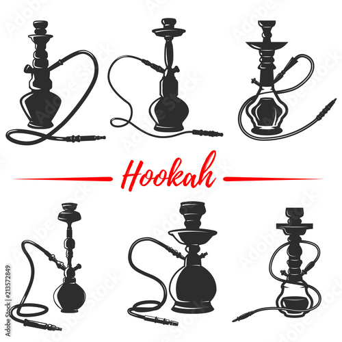 Set of hookah icons isolated on white background. Design element for logo, label, emblem, sign, poster, menu.