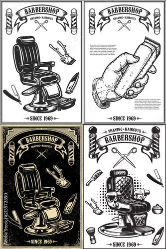 Set of barber shop poster templates. Design element for logo, label, emblem, sign, poster.