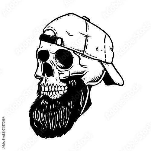 Bearded skull in baseball cap. Design element for emblem,poster, card, t shirt.