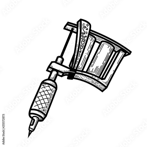 tattoo machine illustration in engraving style. Design element for logo, label, emblem, sign, badge.