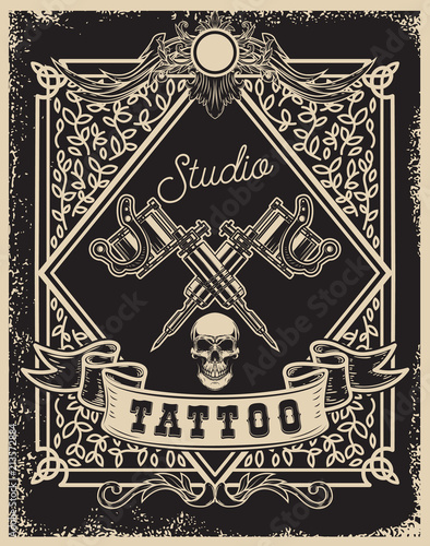 Tattoo studio poster template. Crossed tattoo machines with skull. For poster, print, card, banner.