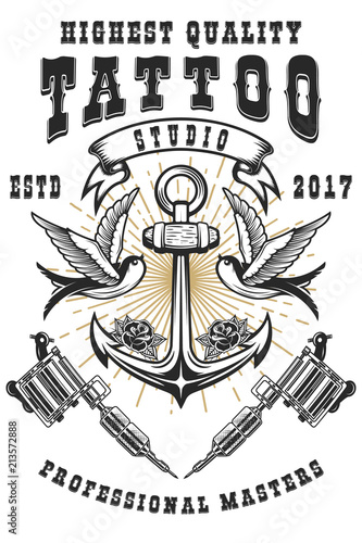Tattoo studio poster template. Crossed tattoo machines, anchor with swallows. For poster, print, card, banner.