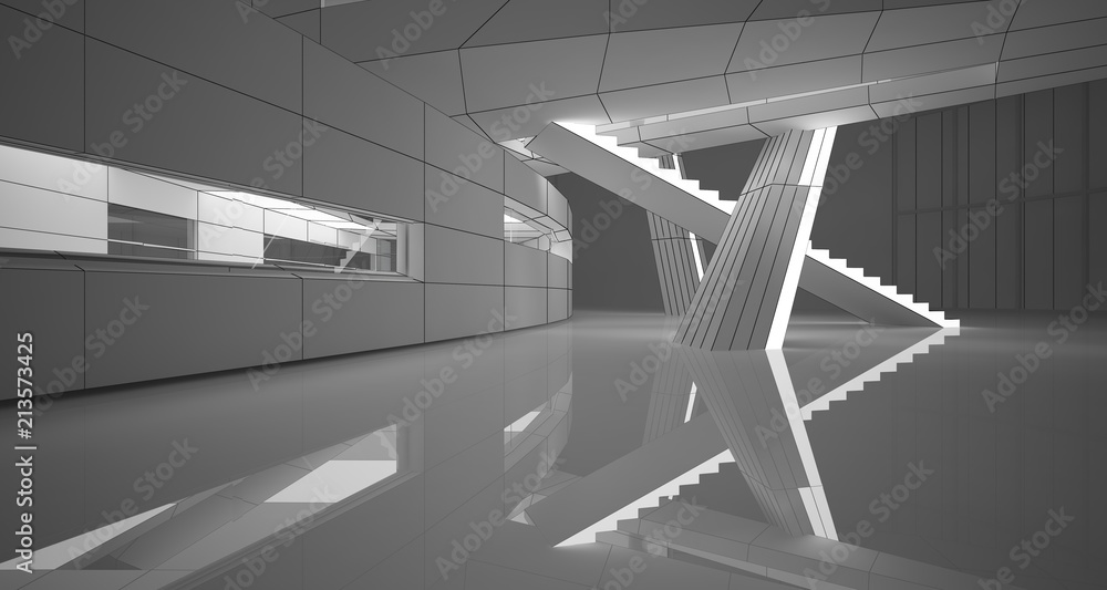 Obraz premium Abstract drawing white parametric interior. Polygon black drawing. 3D illustration and rendering.