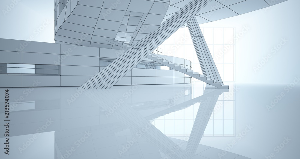 Fototapeta Abstract drawing white parametric interior. Polygon black drawing. 3D illustration and rendering.