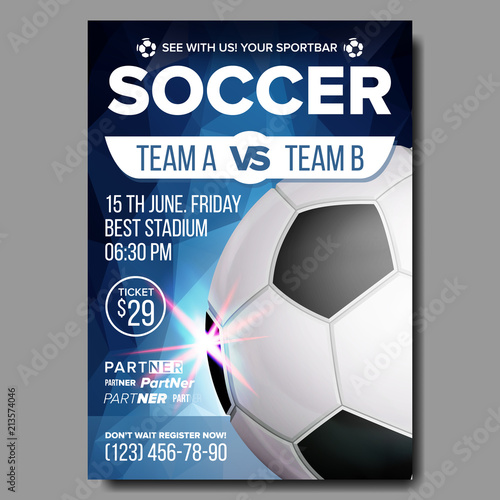 Soccer Poster Vector. Sports Bar Game Event Announcement. Football Banner Advertising. Professional League. Sport Invitation Template. Stadium, Pitch. Event Illustration