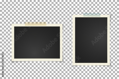 Old vintage photo frame on transparent background. Instant Horizontal and vertical blank old photography on sticky tape. Scrapbook design. Vector