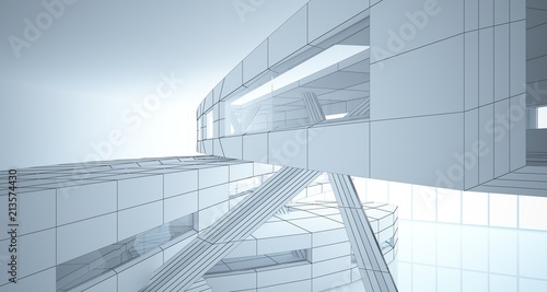 Abstract drawing white parametric interior. Polygon black drawing. 3D illustration and rendering.