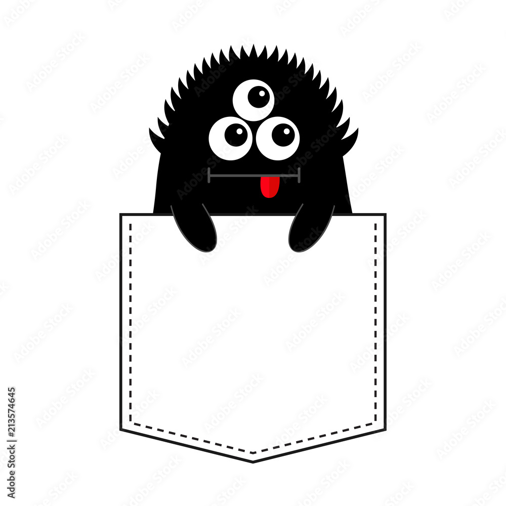 Black monster silhouette in the pocket. Holding hands. Cute cartoon scary funny character. Baby collection. T-shirt design. Eyes, tongue. White background. Happy Halloween. Flat design.