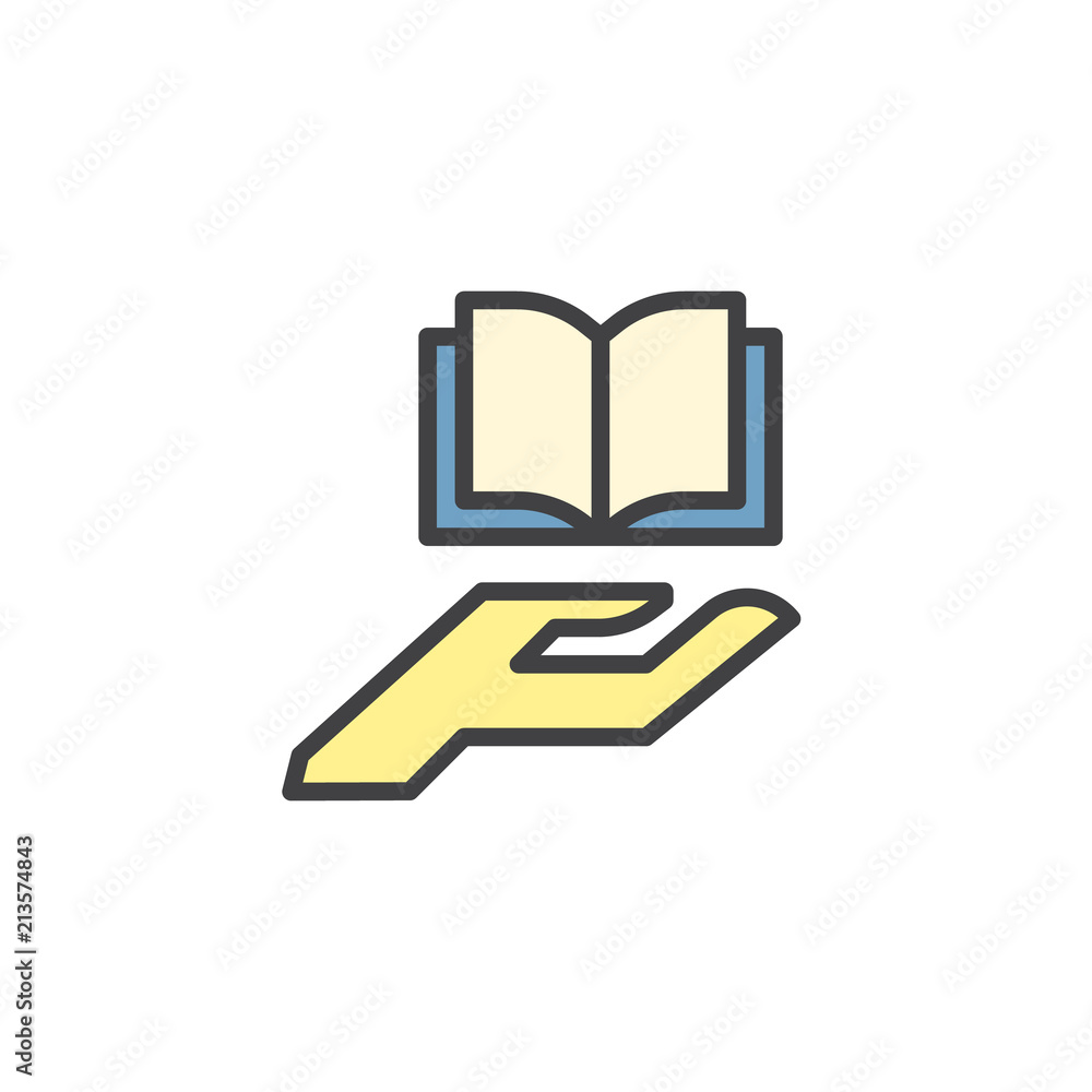 Hand giving open book filled outline icon, line vector sign, linear colorful pictogram isolated on white. Book on a palm symbol, logo illustration. Pixel perfect vector graphics Hand giving open book filled outline icon, line vector sign, linear colorful pictogram isolated on white. Book on a palm symbol, logo illustration. Pixel perfect vector graphics