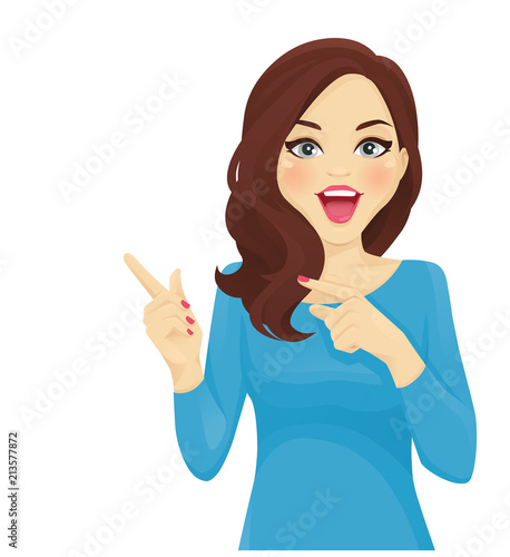 Surprised woman pointing away isolated vector illustration