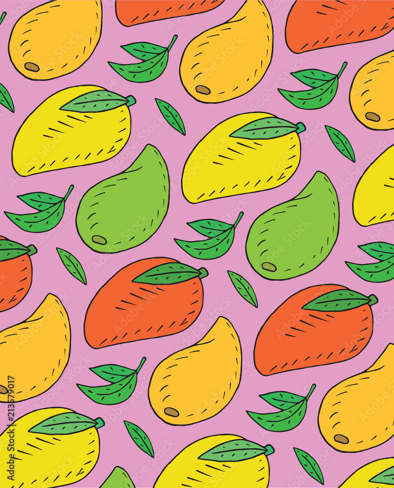 Pattern of sweet juicy mango. Summer exotic food. Beautiful hand drawn illustration of fruits Pattern of sweet juicy mango. Summer exotic food. Beautiful hand drawn illustration of fruits