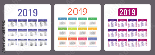 Calendar 2019 year. Colorful English set. Week starts on Sunday. Vector template collection. Calender collection. Basic grid